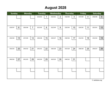 August 2028 Calendar with Day Numbers