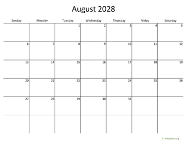 August 2028 Calendar with Bigger boxes