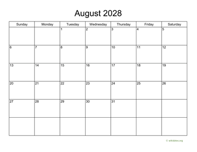 Basic Calendar for August 2028