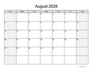 August 2028 Calendar with Weekend Shaded