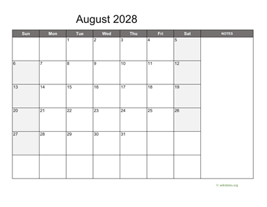 August 2028 Calendar with Notes