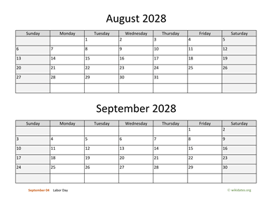 August and September 2028 Calendar Horizontal