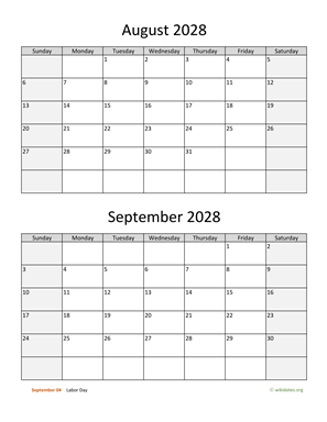 August and September 2028 Calendar Vertical