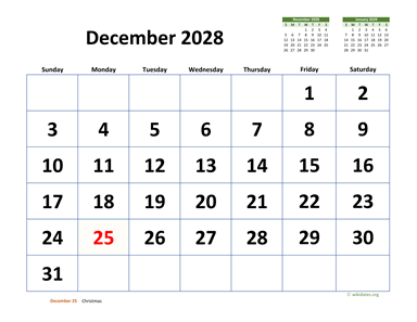 December 2028 Calendar with Extra-large Dates