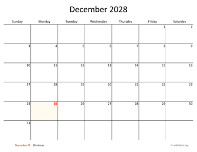 December 2028 Calendar with Bigger boxes