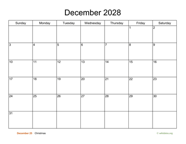 Basic Calendar for December 2028