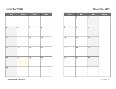 December 2028 Calendar on two pages