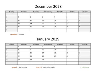 December 2028 and January 2029 Calendar Horizontal