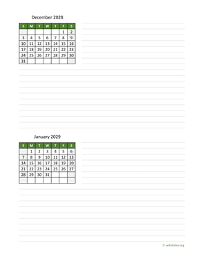 December 2028 and January 2029 Calendar with Notes