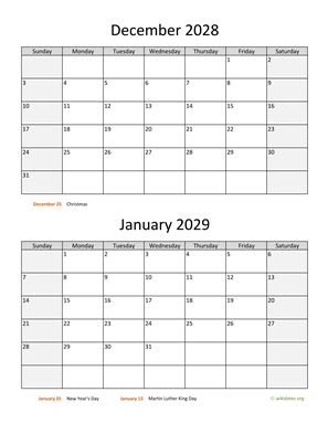 December 2028 and January 2029 Calendar Vertical