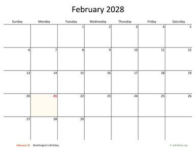 February 2028 Calendar with Bigger boxes