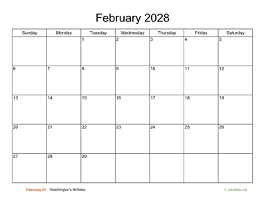 Basic Calendar for February 2028