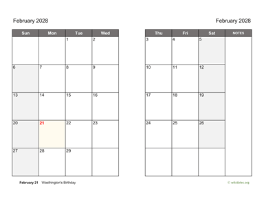 February 2028 Calendar on two pages