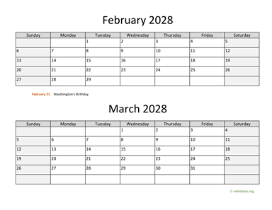 February and March 2028 Calendar Horizontal