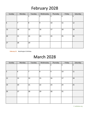 February and March 2028 Calendar Vertical