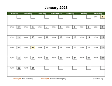 January 2028 Calendar with Day Numbers