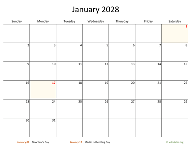 January 2028 Calendar with Bigger boxes