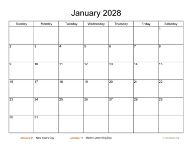 Basic Calendar for January 2028