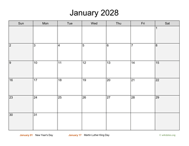 January 2028 Calendar with Weekend Shaded