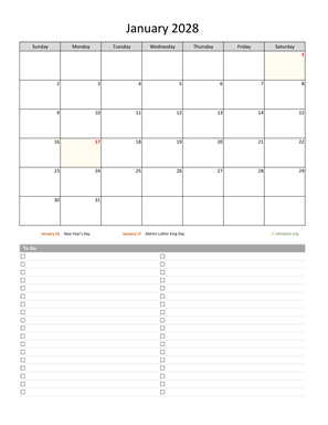 January 2028 Calendar with To-Do List