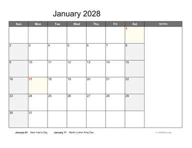 January 2028 Calendar with Notes