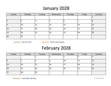 January and February 2028 Calendar Horizontal