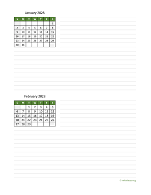January and February 2028 Calendar with Notes
