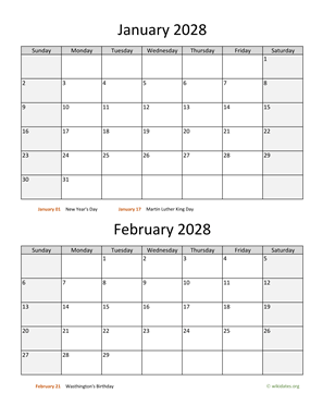 January and February 2028 Calendar Vertical