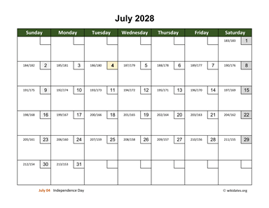 July 2028 Calendar with Day Numbers
