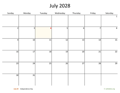 July 2028 Calendar with Bigger boxes