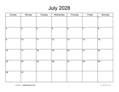 Basic Calendar for July 2028