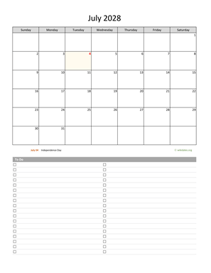 July 2028 Calendar with To-Do List