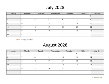 July and August 2028 Calendar Horizontal