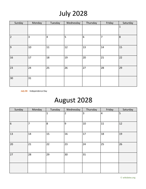 July and August 2028 Calendar Vertical