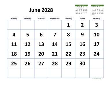 June 2028 Calendar with Extra-large Dates
