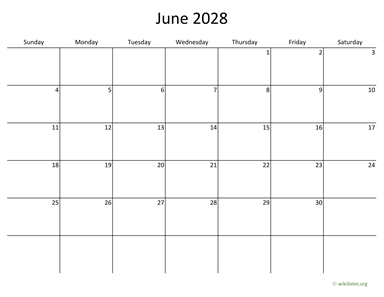 June 2028 Calendar with Bigger boxes
