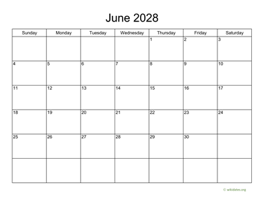 Basic Calendar for June 2028