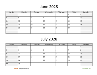 June and July 2028 Calendar Horizontal