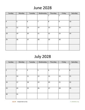 June and July 2028 Calendar Vertical
