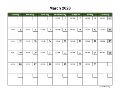 March 2028 Calendar with Day Numbers