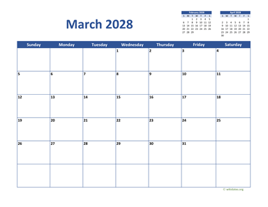 March 2028 Calendar Classic