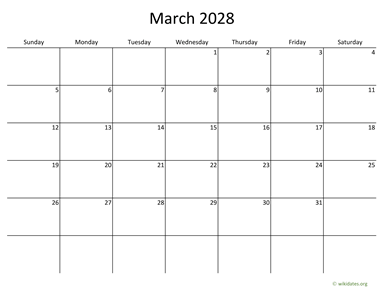 March 2028 Calendar with Bigger boxes