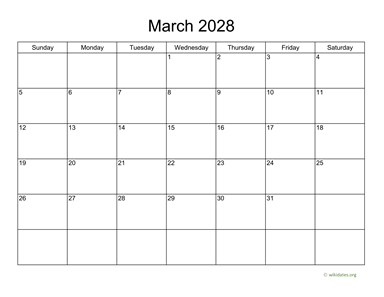 Basic Calendar for March 2028