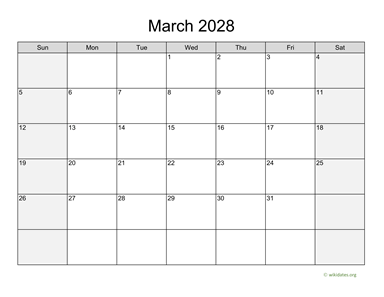 March 2028 Calendar with Weekend Shaded