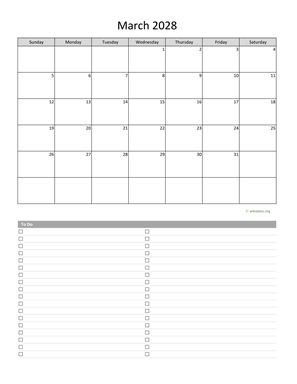 March 2028 Calendar with To-Do List