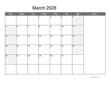 March 2028 Calendar with Notes