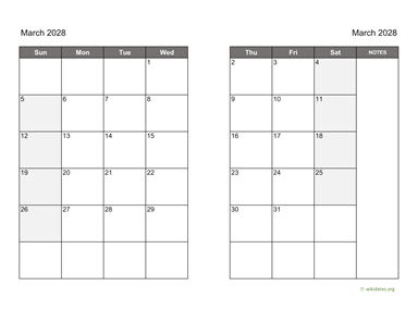 March 2028 Calendar on two pages