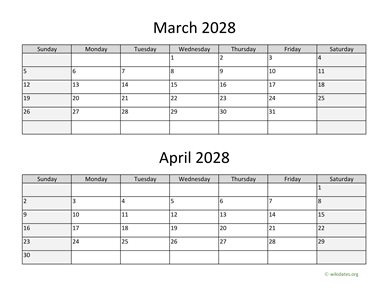 March and April 2028 Calendar Horizontal