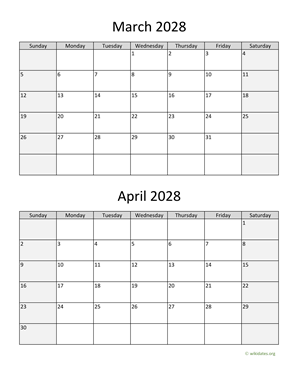 March and April 2028 Calendar Vertical