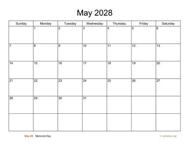 Basic Calendar for May 2028